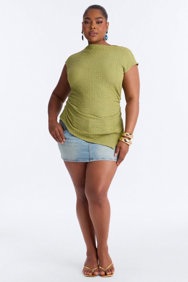 Isla Textured Mock Neck Asymmetrical Short Sleeve Top - Sage