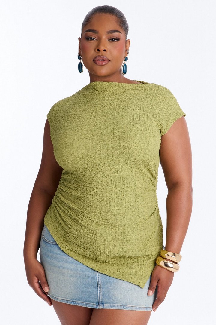 Isla Textured Mock Neck Asymmetrical Short Sleeve Top - Sage