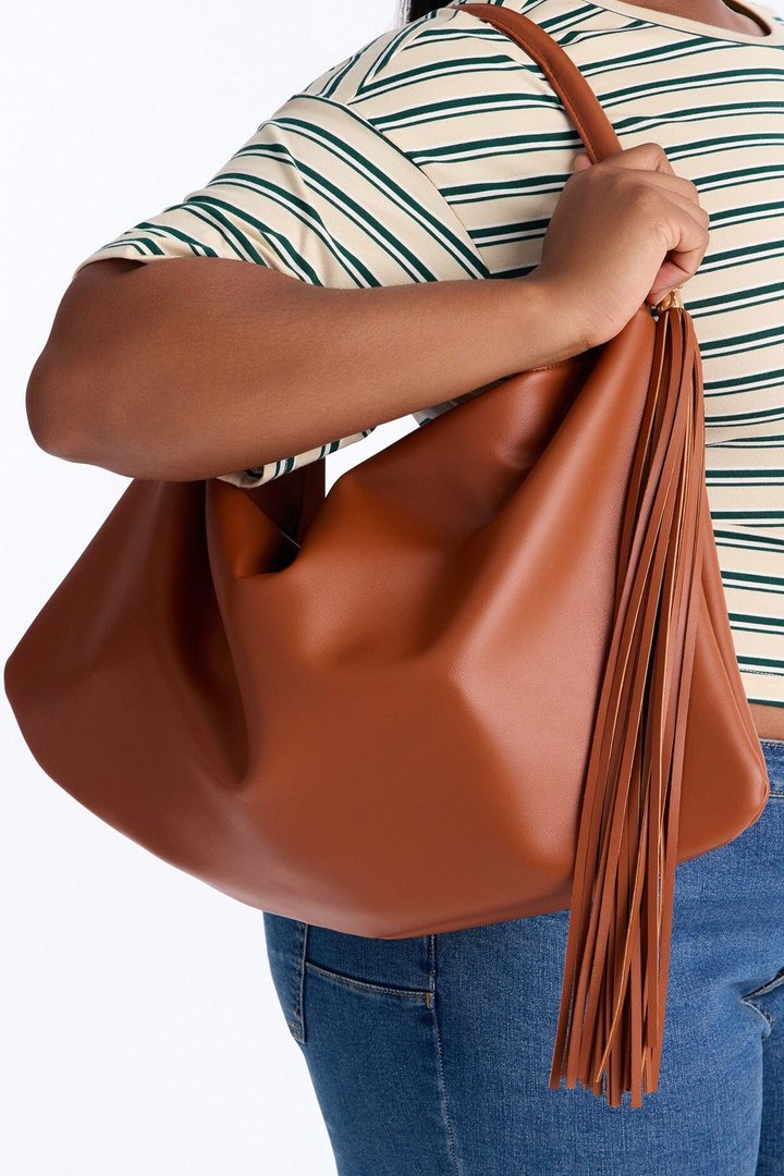 Leather Whip Faux Leather Shoulder Handbag - Cognac