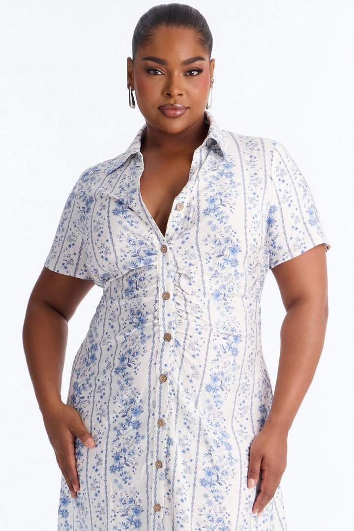 Selene Ruched Floral Midi Shirt Dress - Blue/combo