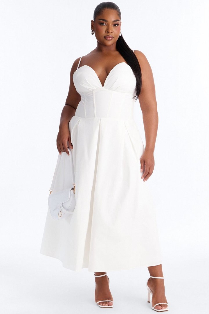 Estella Corset Poplin Midi Dress - White
