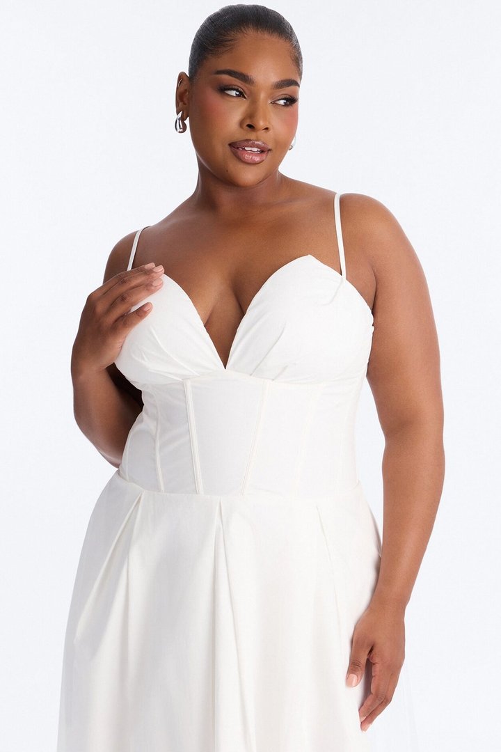 Estella Corset Poplin Midi Dress - White