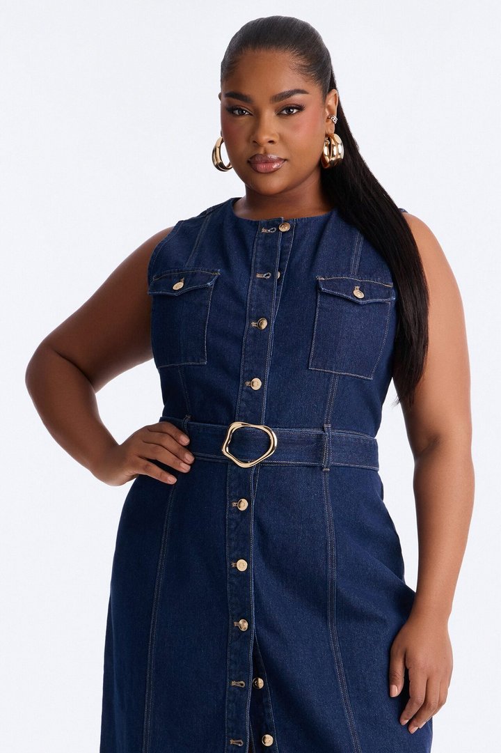 Isla Belted Denim Midi Dress - Dark Wash