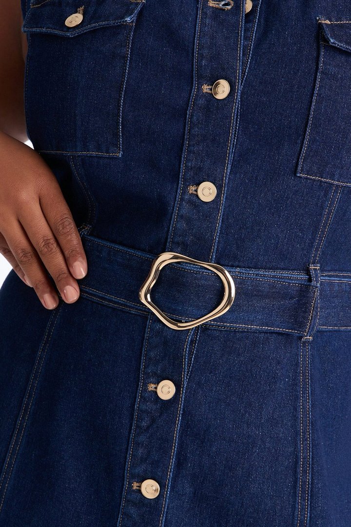 Isla Belted Denim Midi Dress - Dark Wash
