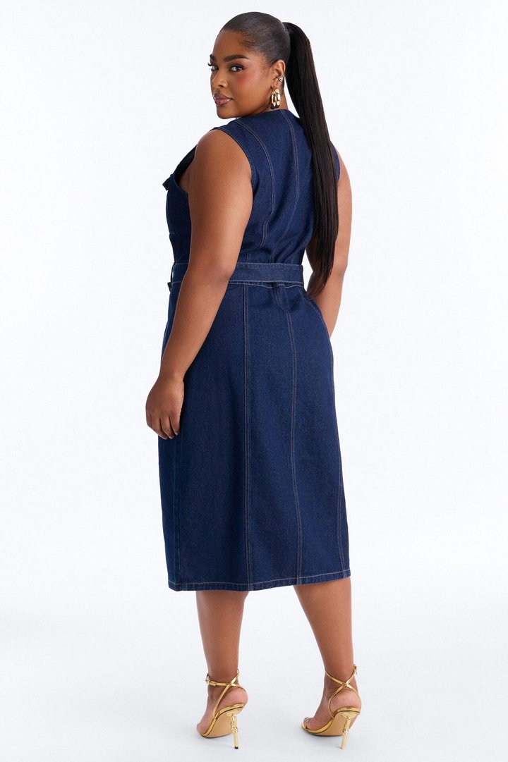 Isla Belted Denim Midi Dress - Dark Wash
