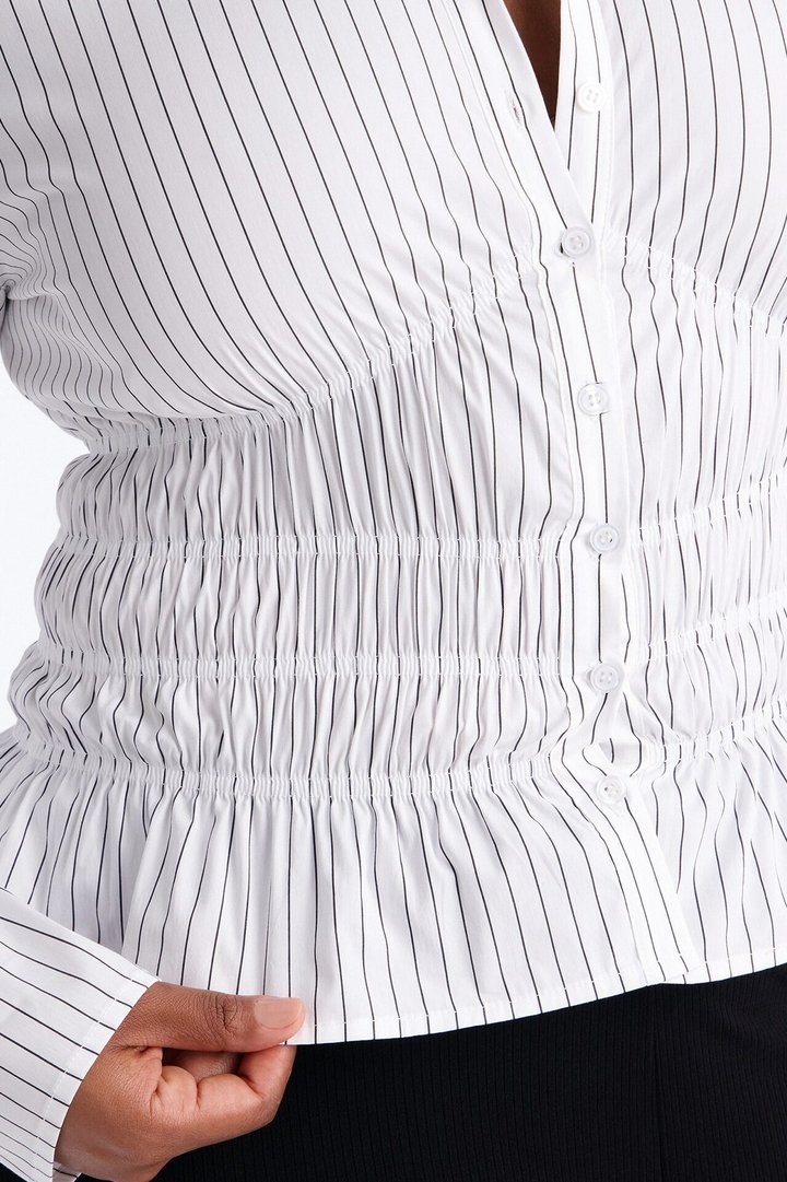 All In The Details Smocked Stripe Poplin Shirt - Black/combo