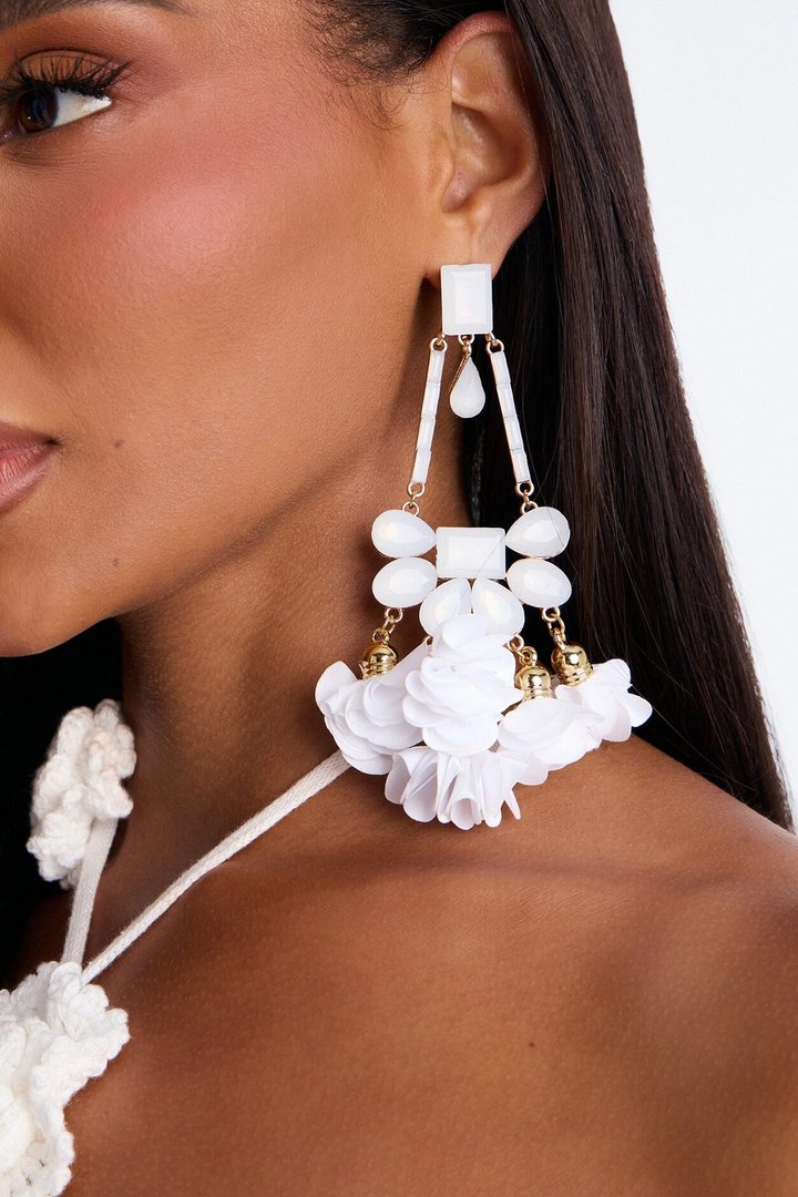 Evelyn Jeweled Drop Earrings - White/Gold