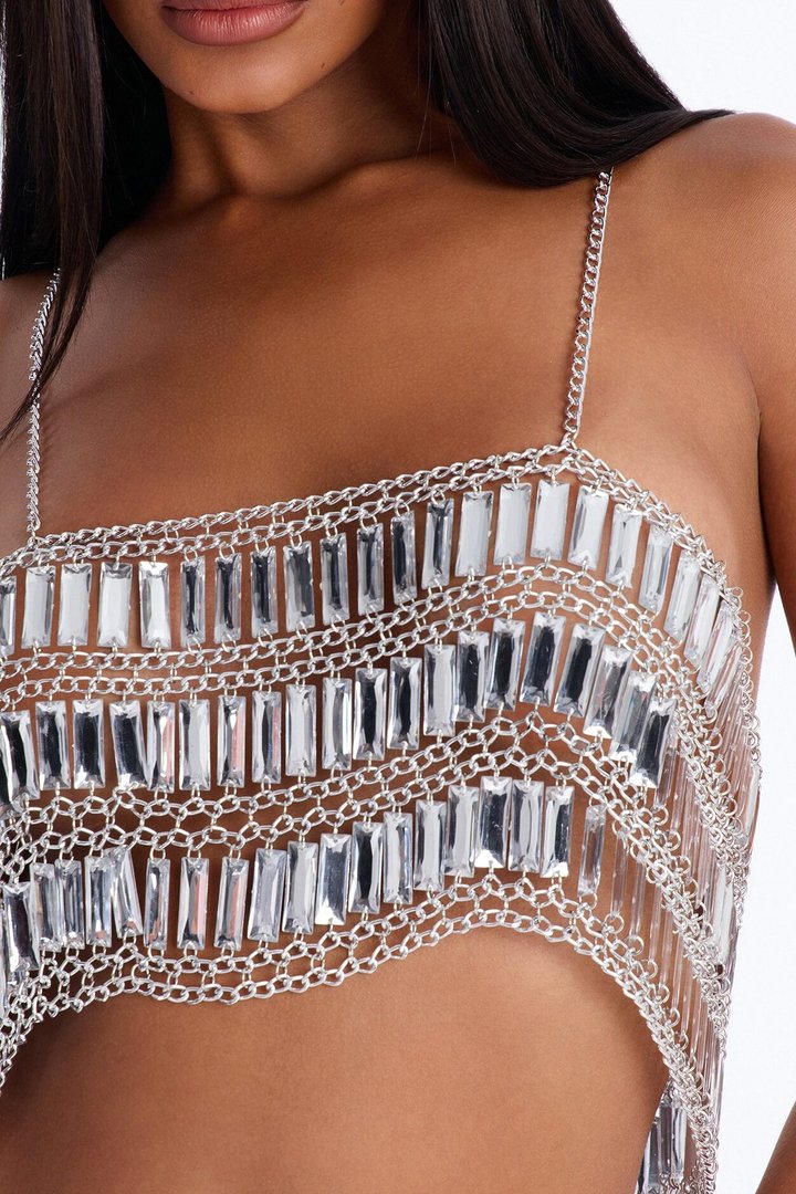 Festival Glow Mirrored Chain Strap Bralette Top - Silver