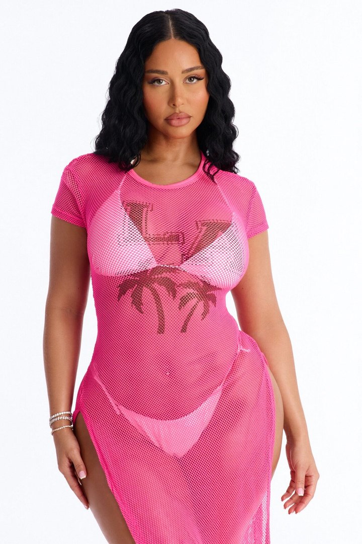 LA Nights Fishnet Cover Up Dress - Pink