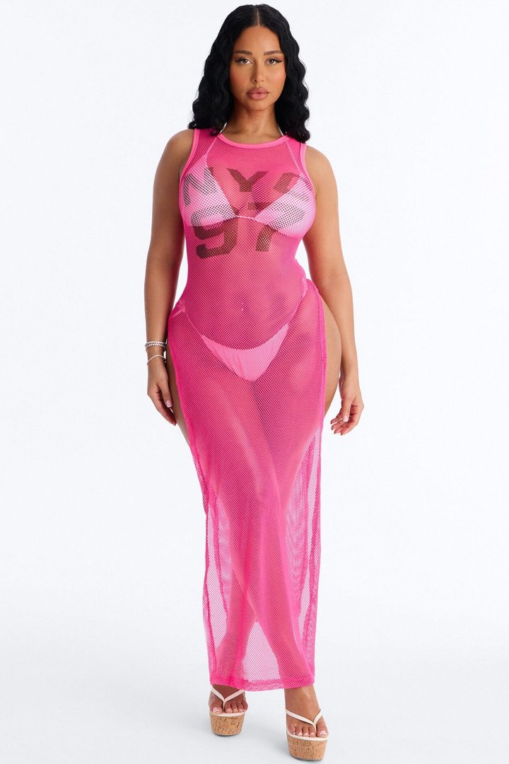 Poolside Chilling Fishnet Cover Up Dress - Pink