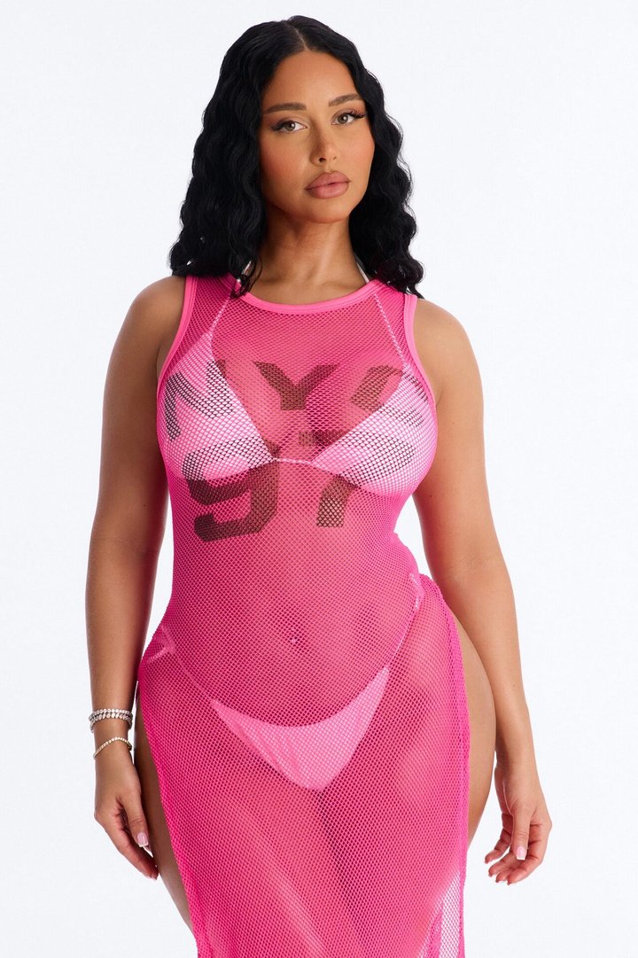 Poolside Chilling Fishnet Cover Up Dress - Pink
