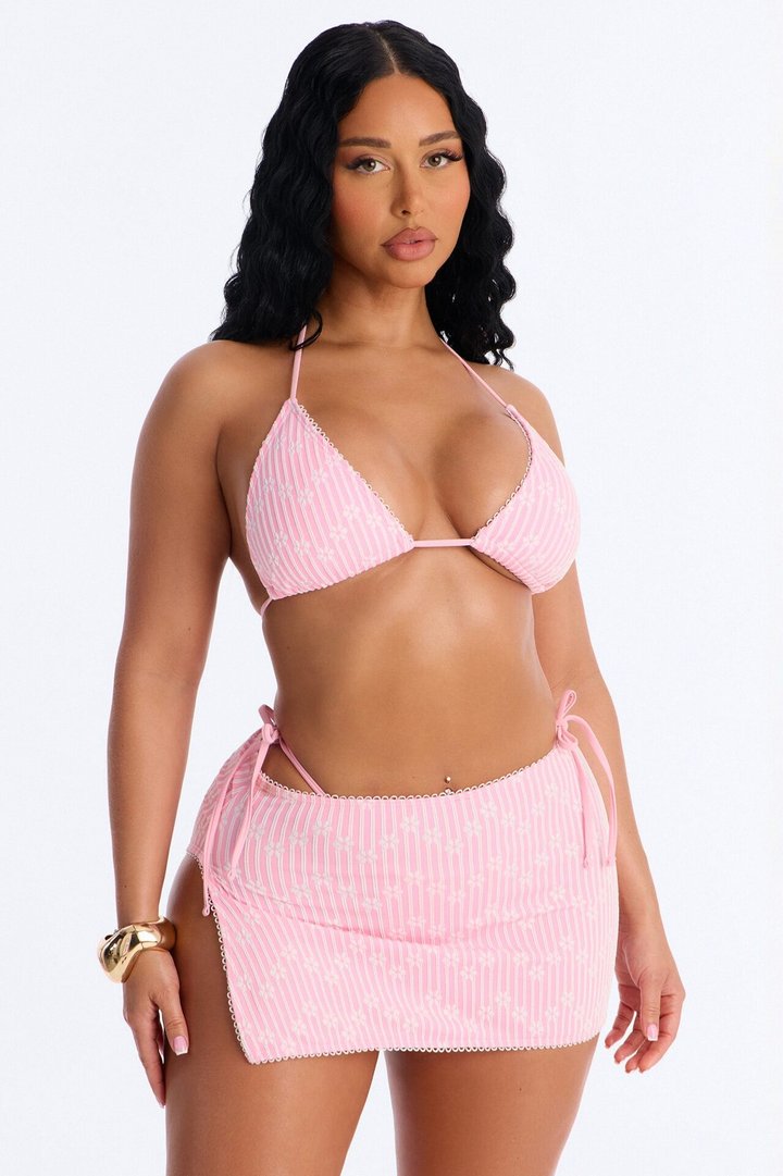 Always With Me Embroidery Floral Lace 3 Piece Bikini Skirt Set - Pink