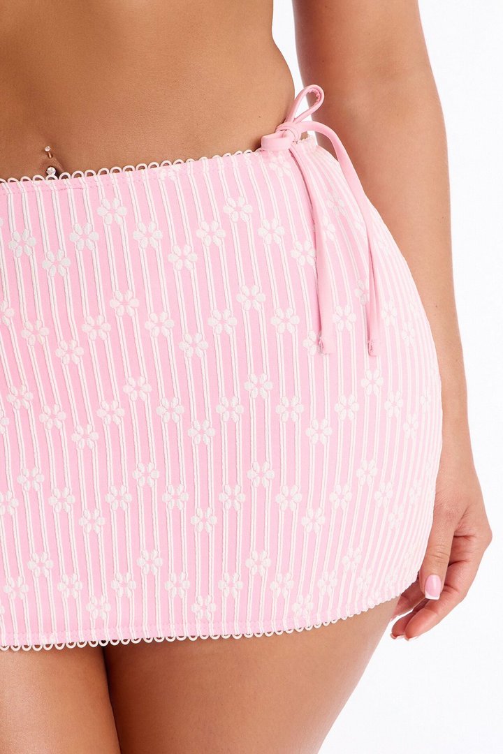 Always With Me Embroidery Floral Lace 3 Piece Bikini Skirt Set - Pink