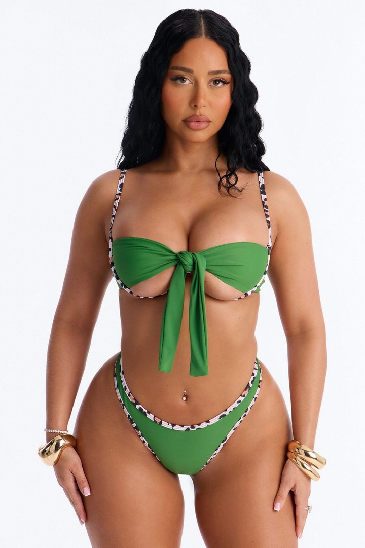 Trina 2 Piece Leopard Trim Underwire Bikini Top & Thong Set - Green