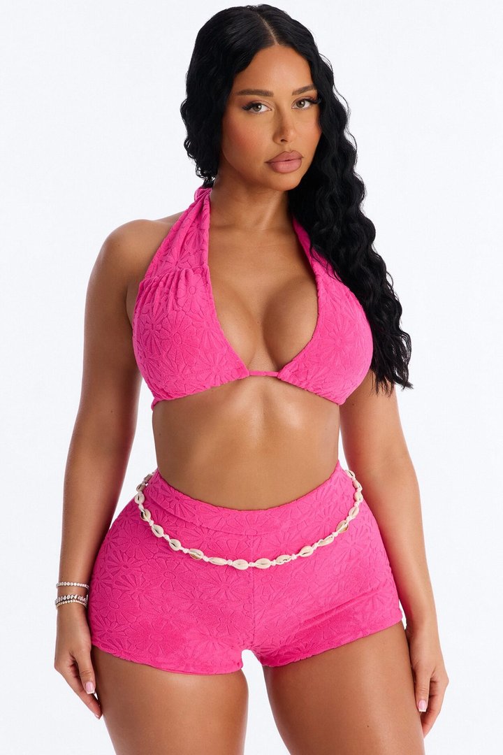 Leia Criss Cross Halter Boy Shorts 2 Piece Bikini - Fuchsia