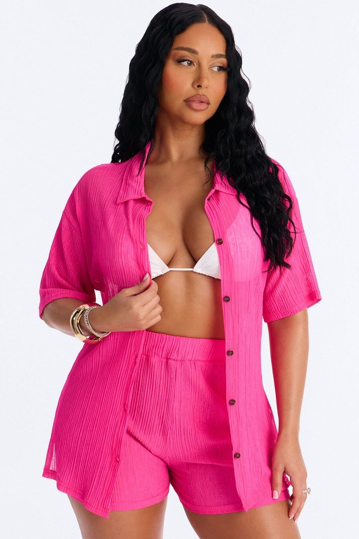 Summer Breeze Button Up Cover Up Shorts Set - Pink