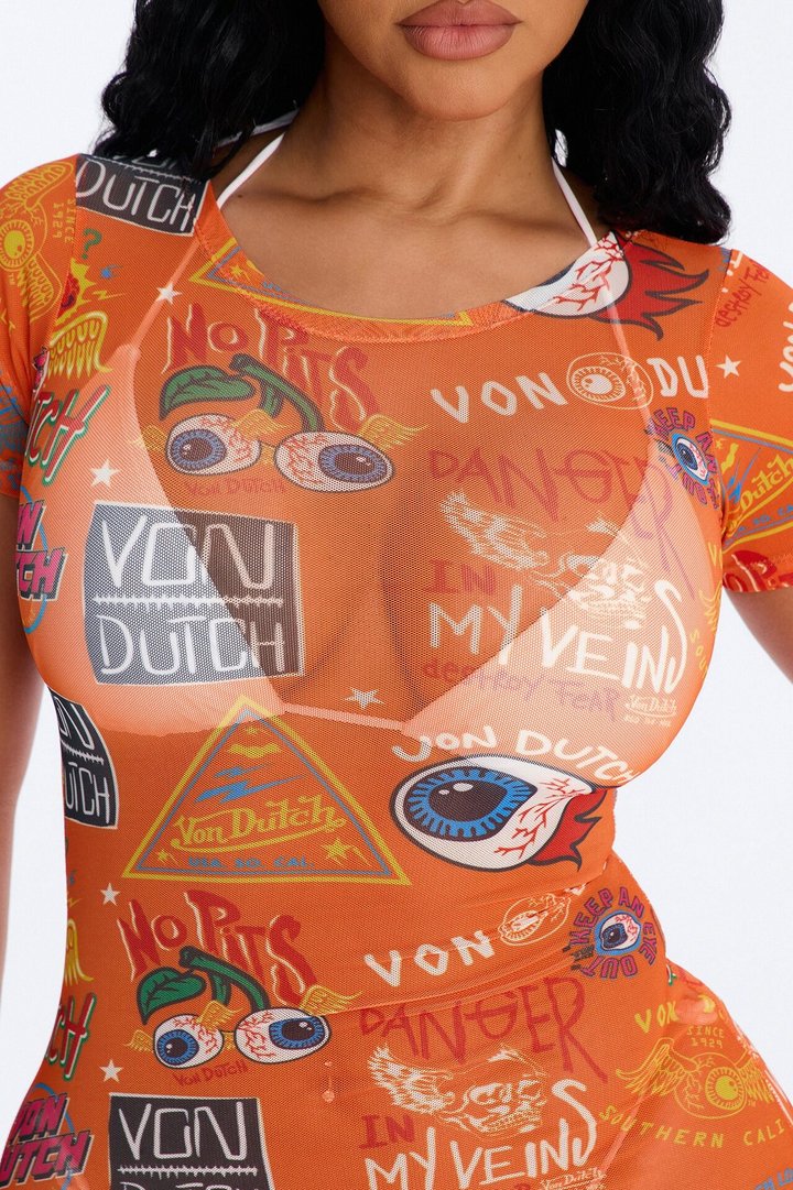 Von Dutch Mesh Swim Cover Up Dress - Orange/combo