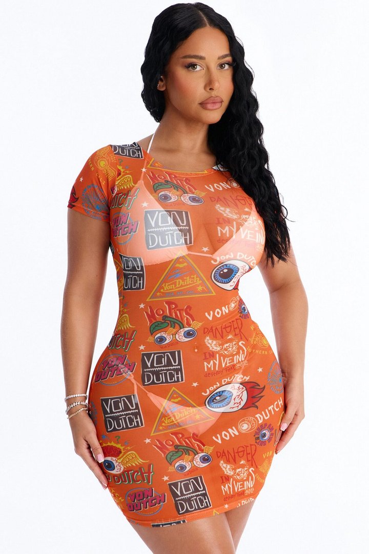 Von Dutch Mesh Swim Cover Up Dress - Orange/combo