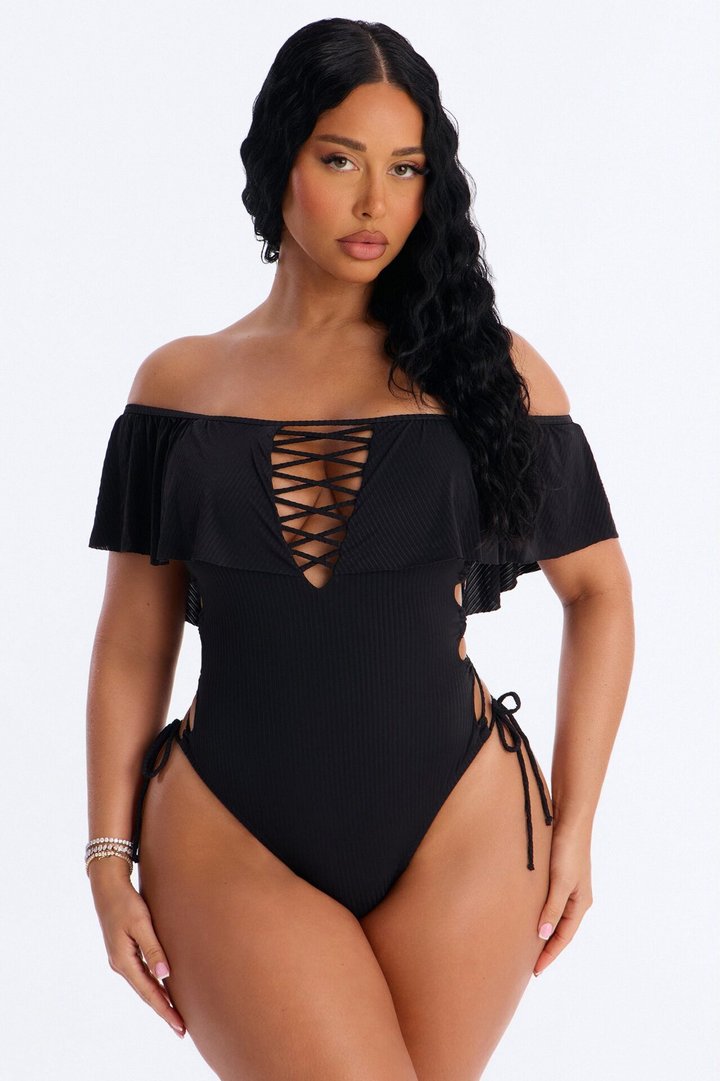 Take One Shoulder Ruffle Sleeve Lace Down Ribbed 1 Piece Swimsuit - Black