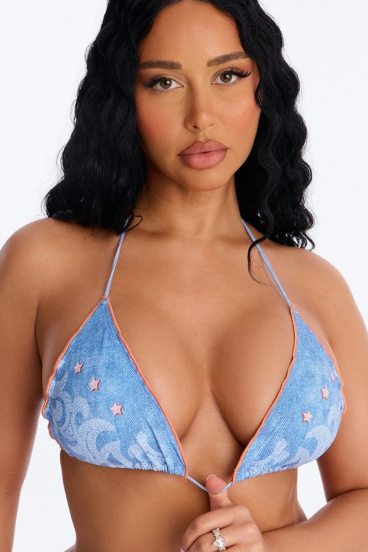 Ready To Catch Some Waves Denim Print 2 Piece Bikini - Denim