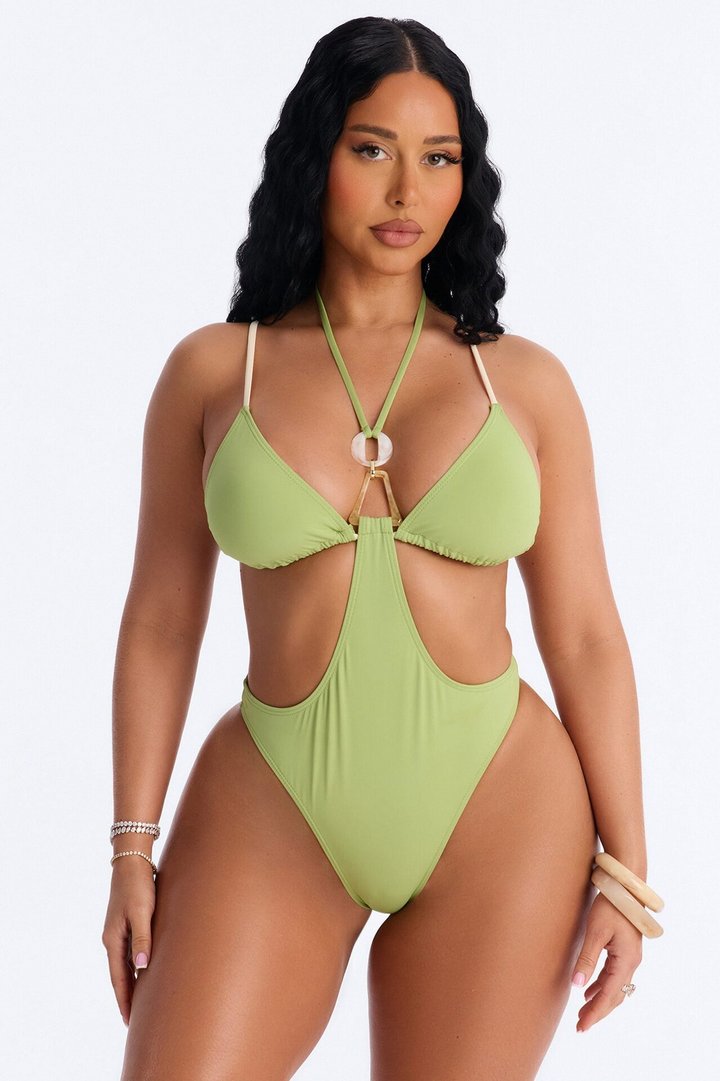 All Summer 1 Piece Triangle Cut Out Swimsuit - Sage