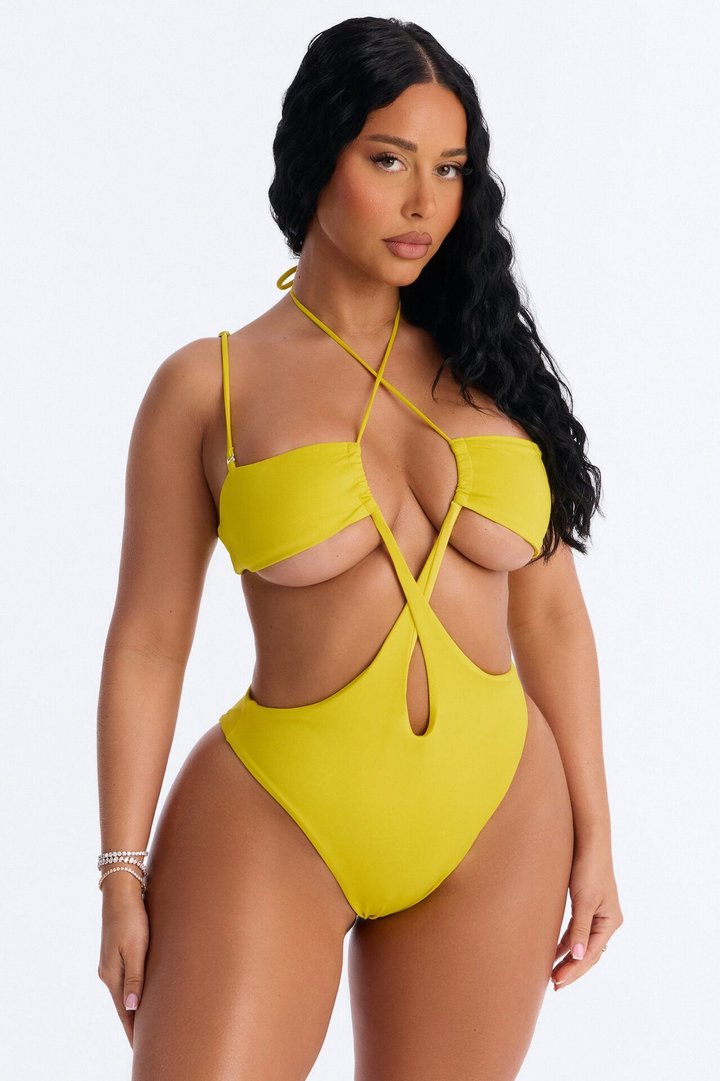 Oceanfront Cut Out High Cut 1 Piece Swimsuit - Yellow