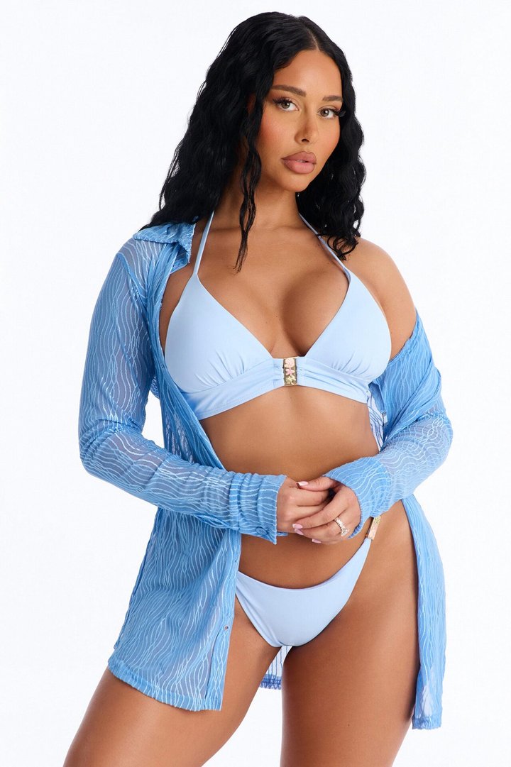Take It Easy Mesh Cover Up Button Up Shirt - Blue