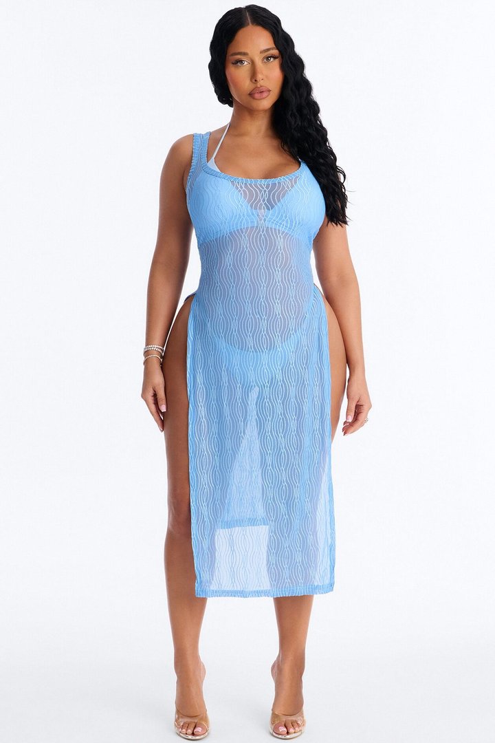 Live In The Moment Mesh Cover Up High Slit Dress - Blue