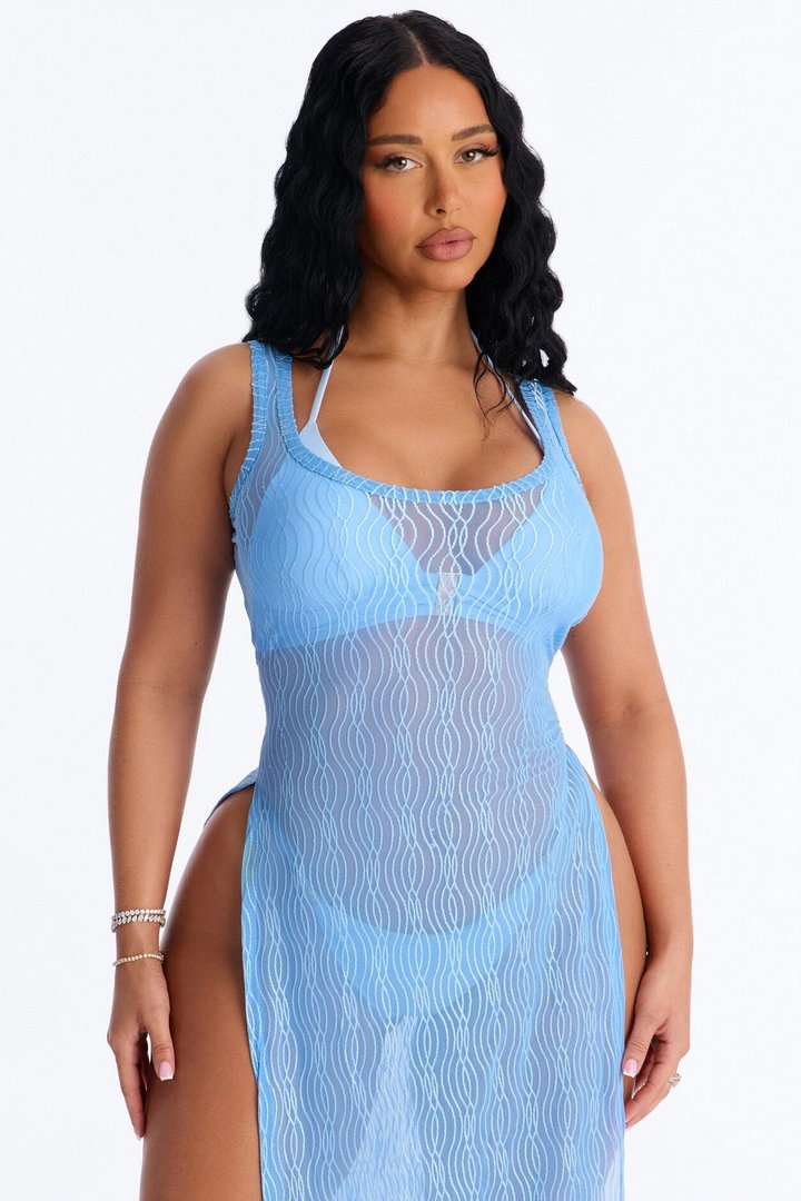 Live In The Moment Mesh Cover Up High Slit Dress - Blue