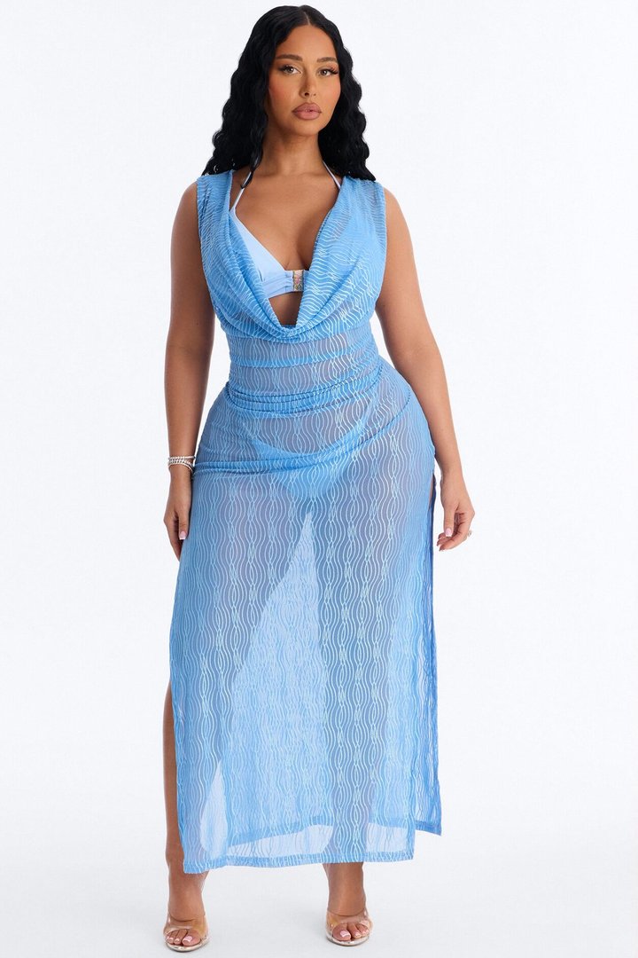Sunshine Living Mesh Cover Up Cowl Midi Dress - Blue