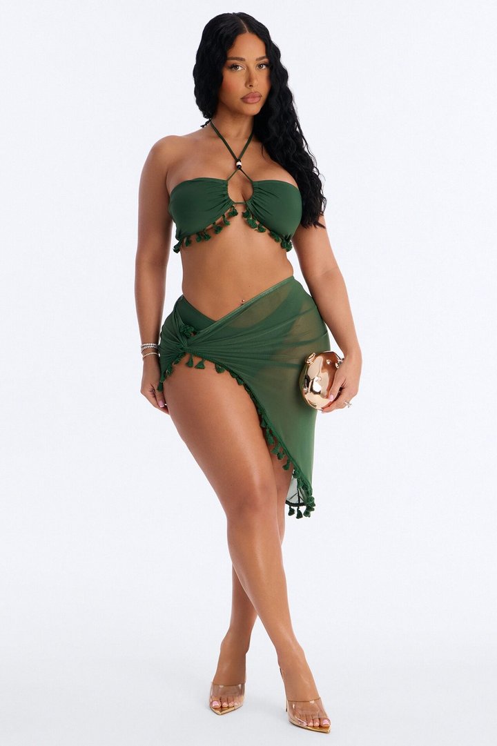 Soaking It In 3 Piece Tassel Bandeau Bikini & Cover Up Sarong Sunsuit - Olive
