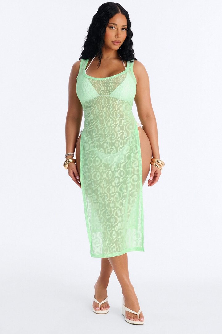 Live In The Moment Mesh Cover Up High Slit Dress - Green