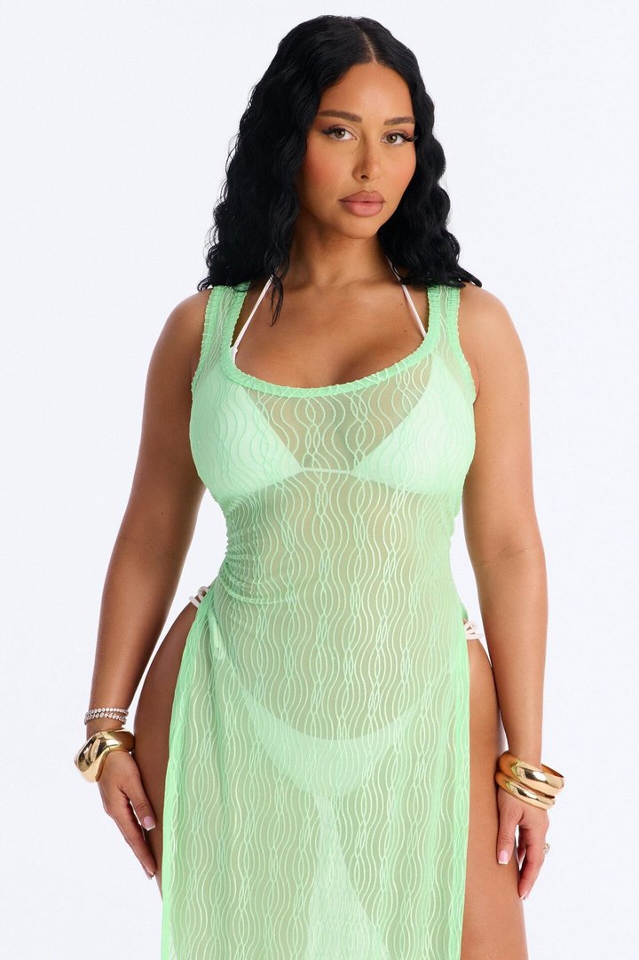 Live In The Moment Mesh Cover Up High Slit Dress - Green