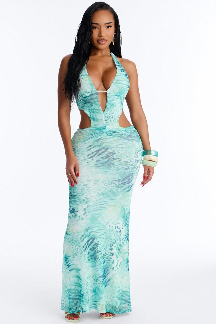 Jaded Cut Out Mesh Maxi Dress - Blue/combo