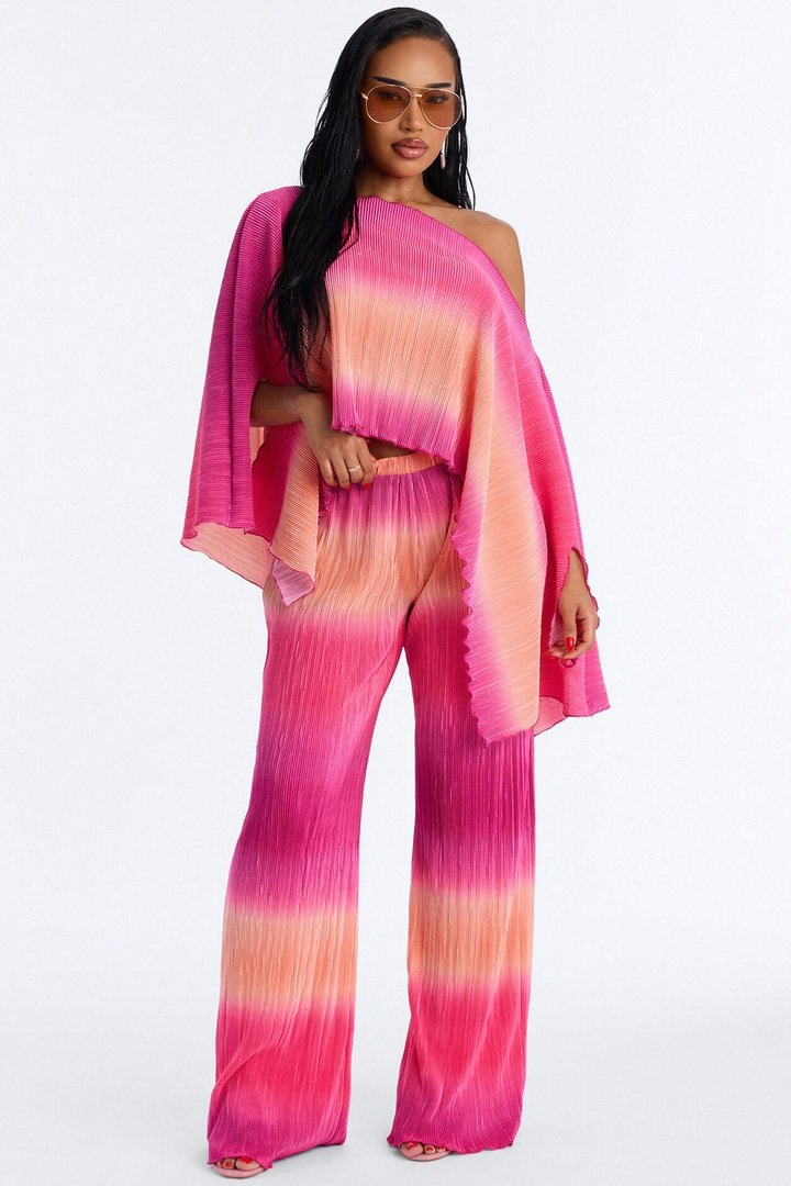 Horizon Glow Off Shoulder Ombre Pant Set - Hot Pink/combo