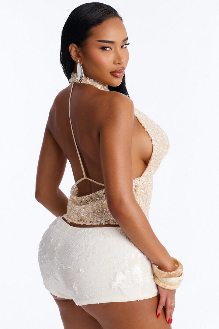Serving Holiday Energy Backless Sequin Top - Cream