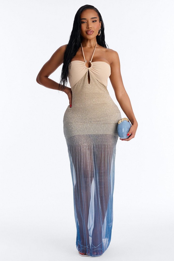 Aimee Ombre Metallic Maxi Dress - Teal/combo