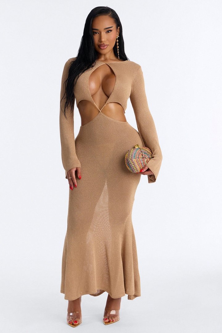 Can't Help It Metallic Knit Maxi Dress - Mocha