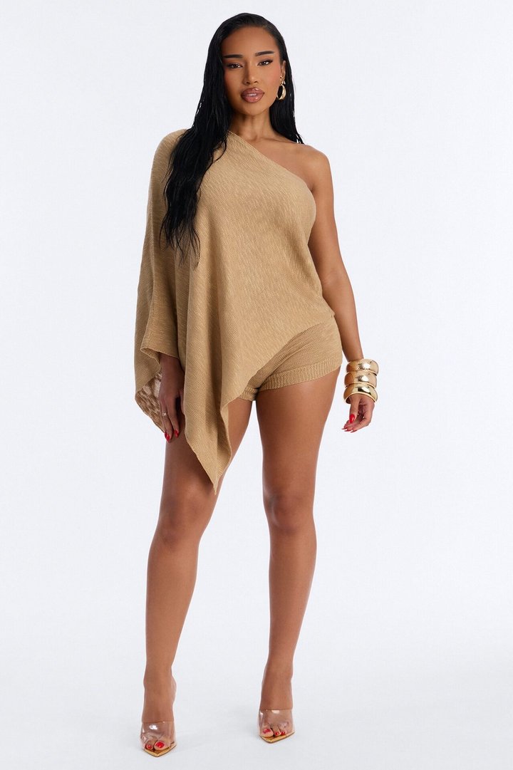 Solia One Shoulder Sweater Knit Short Set - Taupe