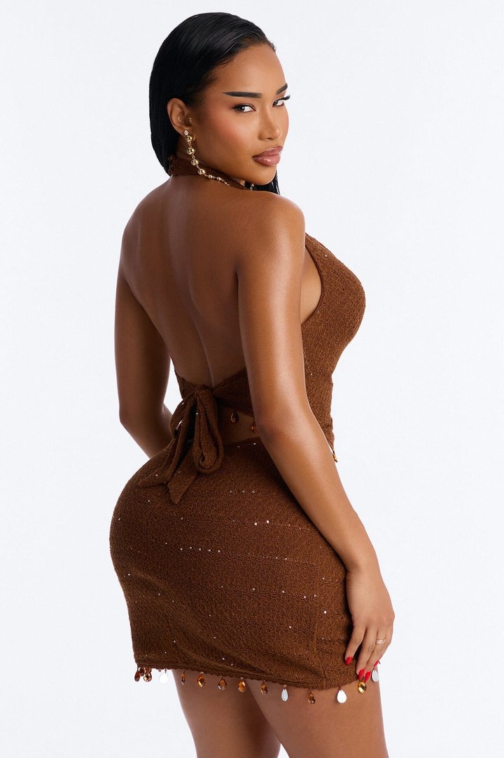 Faelynn Fringe Trim Crochet Mini Dress - Brown