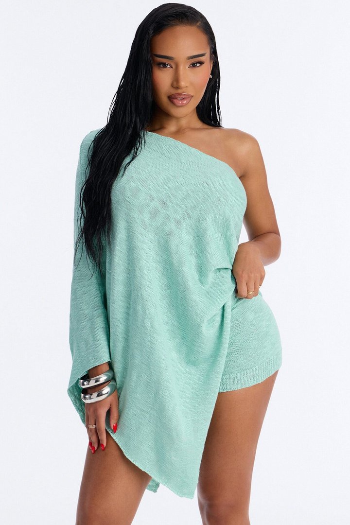 Solia One Shoulder Sweater Knit Short Set - Aqua