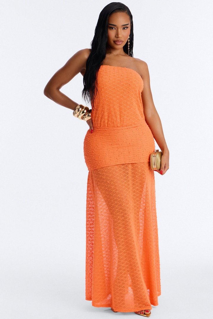 Sunset Dreaming Strapless Textured Maxi Dress - Neon Orange