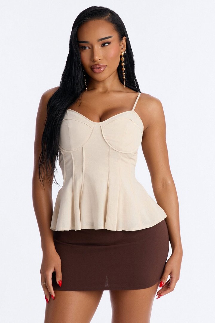 Pretty Please Peplum Linen Babydoll Top - Beige