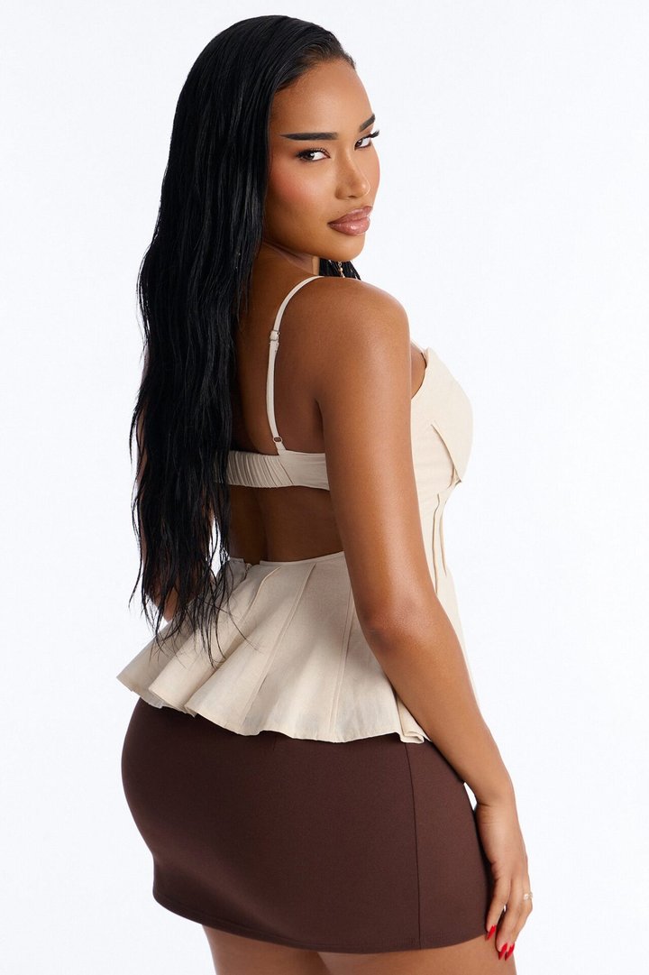 Pretty Please Peplum Linen Babydoll Top - Beige
