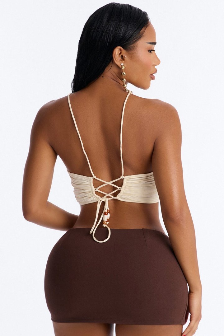 Bahamas Bombshell Plisse Pleated Beaded Bra Top - Cream