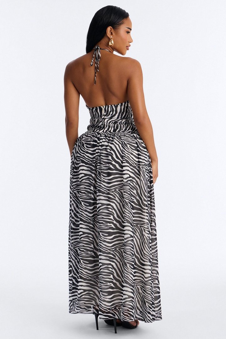 Zaina Zebra Chiffon Maxi Dress - White/Black