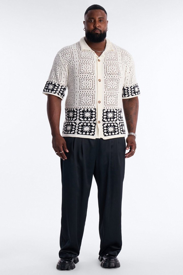 Relaxed Sunstage Crochet Cuban Collar Button Up Shirt - Black