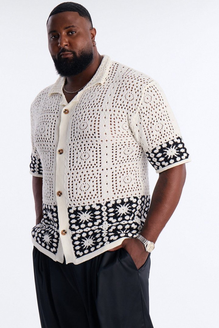 Relaxed Sunstage Crochet Cuban Collar Button Up Shirt - Black