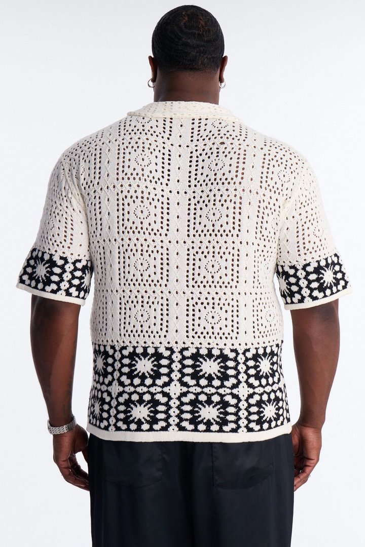 Relaxed Sunstage Crochet Cuban Collar Button Up Shirt - Black