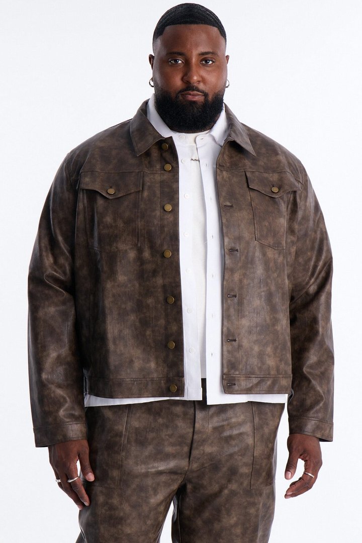 Stone Grained Faux Leather Trucker Jacket - Brown